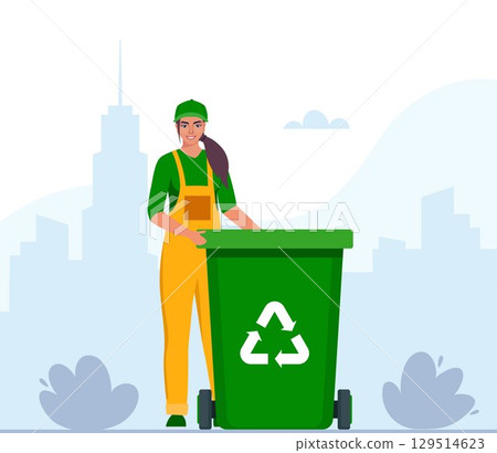 Garbage woman in uniform with trash bin and recycling symbol on it. Garbage sorting. Zero waste, environment protection concept. Vector illustration. Garbage woman in uniform with trash bin and recycling symbol on it. Garbage sorting. Zero waste, environment protection concept. Vector illustration. 129514623