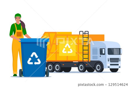 Garbage truck and woman sanitation worker. Garbage woman in uniform with trash bin and recycling symbol on it. Garbage sorting. Zero waste, environment protection concept. Vector illustration. 129514624