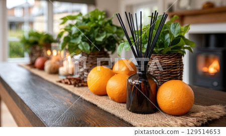 Autumn decorations create a cozy atmosphere with pumpkins, dried oranges, candles, and an inviting aromatherapy diffuser nearby Autumn decorations create a cozy atmosphere with pumpkins, dried oranges, candles, and an inviting aromatherapy diffuser nearby 129514653