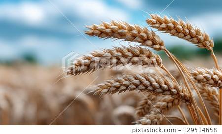 Close-up view of wheat ears in focus, contrasting with a softly blurred farmland in the distance on a calm day 129514658