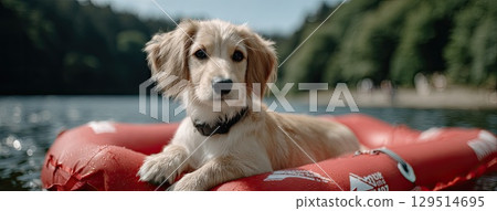Dachshund with long fur floats on a blue raft in a lake, basking in the sun while reflecting on a peaceful summer day 129514695