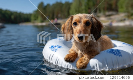 Dachshund with long fur floats on a blue raft in a lake, basking in the sun while reflecting on a peaceful summer day 129514696