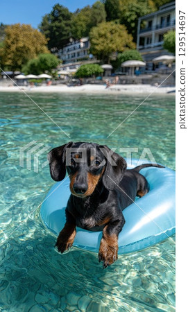 Dachshund with long fur floats on a blue raft in a lake, basking in the sun while reflecting on a peaceful summer day 129514697