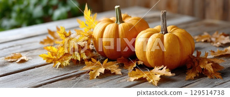 Bright orange pumpkins and colorful autumn leaves arranged on a rustic wooden surface, showcasing the energy of fall festivities Bright orange pumpkins and colorful autumn leaves arranged on a rustic wooden surface, showcasing the energy of fall festivities 129514738