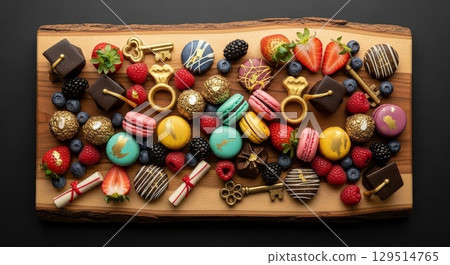 Luxury chocolate and berry dessert board with golden decorative elements 129514765