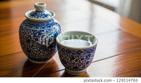 Traditional Blue and White Porcelain Tea Set on Wooden Table 129514768