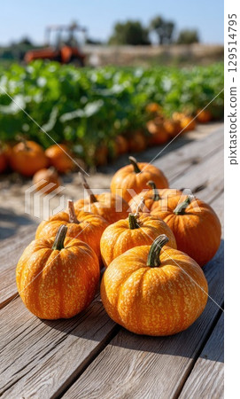 Piles of uniquely shaped pumpkins with green and brown spots rest on a wooden table, showcasing autumn's vibrant colors in nature 129514795