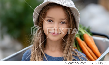 Young girl wearing a hat collects vibrant vegetables in her wheelbarrow while playing in a sunny garden filled with greenery 129514833