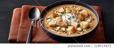 Warm pumpkin soup topped with croutons and cream, elegantly presented on an orange napkin with a spoon beside it 129514875