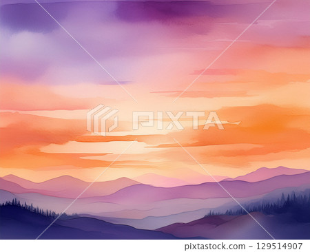 日落時橙色和紫色的柔和水彩漸變 129514907