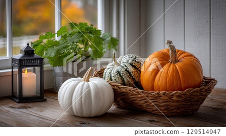 Brightly colored pumpkins and gourds surrounded by candles and lanterns enhance the cozy ambiance of an autumn garden setting 129514947