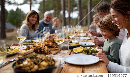 Parents and grandparents enjoy an outdoor picnic in a sunny forest, cherishing joyful moments and tasty dishes with loved ones 129514977