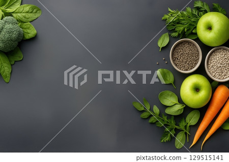 Healthy Vegetables, Fruits, and Grains on Dark Background 129515141