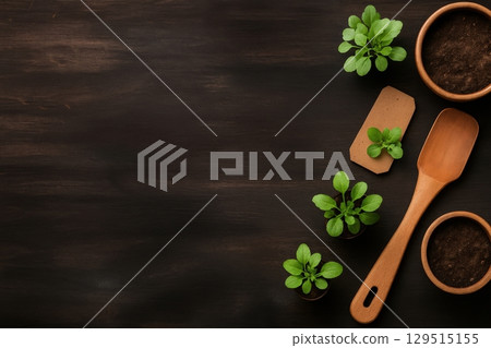 Seedlings and Gardening Tools on Wooden Table 129515155