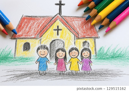 Drawing of a church with four children standing in front of it 129515162
