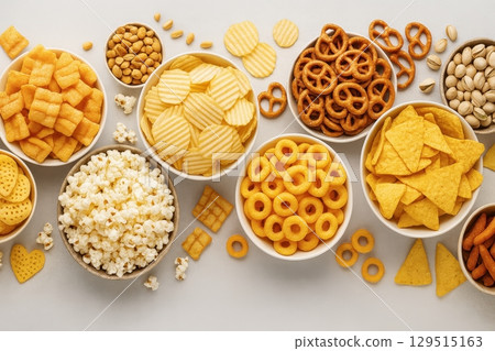 Variety of snacks are displayed in bowls, including chips, popcorn Variety of snacks are displayed in bowls, including chips, popcorn 129515163