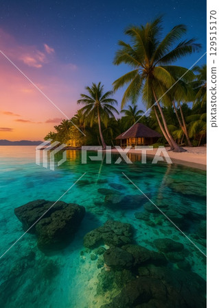 Beautiful beach scene with a small hut on the shore 129515170