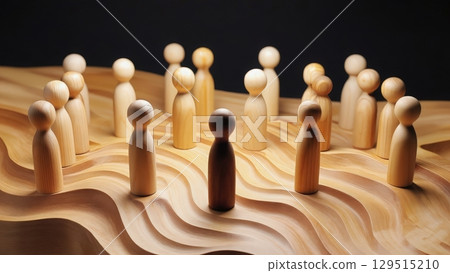 Group of wooden people are gathered around a man 129515210
