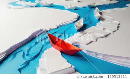 Red boat is in the middle of a river with a blue background 129515211