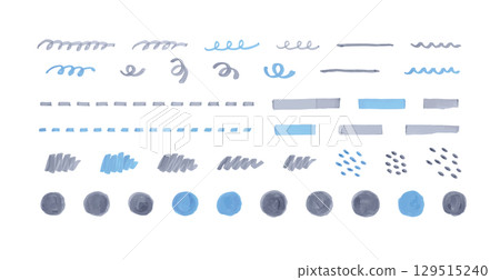 A set of hand-drawn simple decorative illustrations drawn with alcohol ink marker pens, decorations, dotted lines 129515240