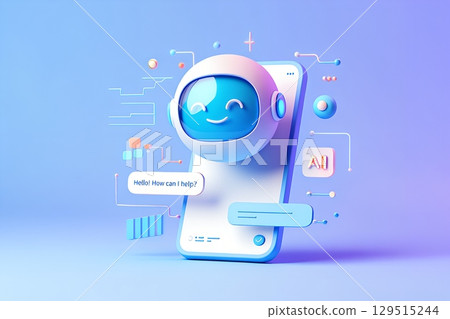 Cute 3d cartoon robot character popping out of mobile phone, digital assistant concept isolated 129515244