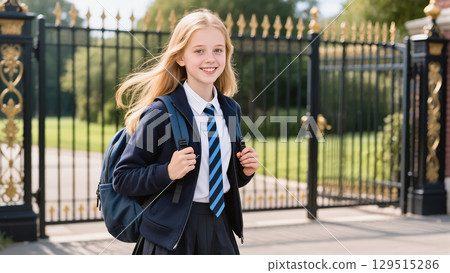 Smiling schoolgirl in navy uniform with backpack walking past ornate school gates Smiling schoolgirl in navy uniform with backpack walking past ornate school gates 129515286