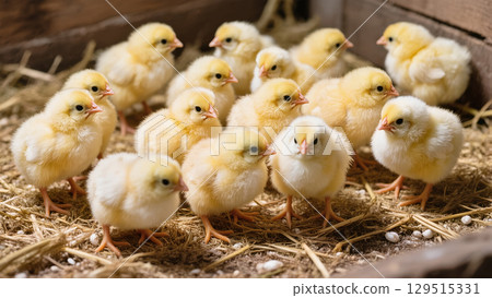 Group of fluffy yellow chicks standing on straw in a wooden pen, creating a warm and lively farm atmosphere 129515331