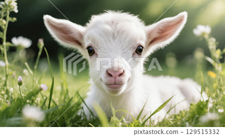 Close-up of a young white goat lying in a sunny meadow, gazing curiously with a gentle and innocent expression 129515332