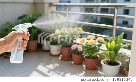 Hand spraying water onto potted flowers on a sunny balcony, creating a refreshing mist in the air 129515343