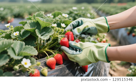 Gloved hands picking ripe red strawberries from a green plant in a sunny field during harvest 129515346