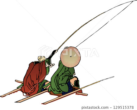 Ukiyo-e: Back view of two people fishing 129515378