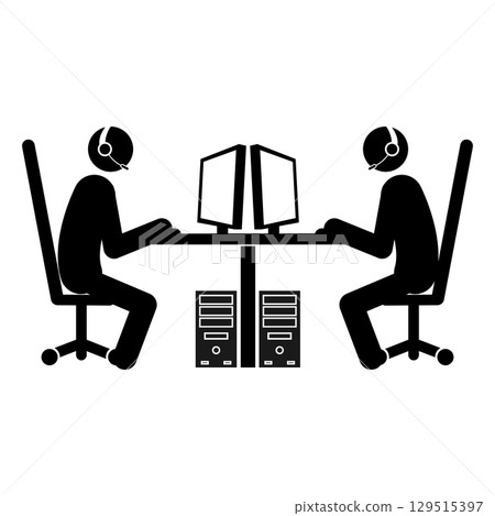 Set of stick figures computer club, flat vector illustration. 129515397