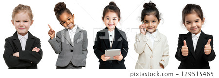 Diverse kids dressed as businesswomen isolated on transparent background PNG set, 5 cute girls, White, Black, Asian, Hispanic, and Indian wearing suit. Diverse kids dressed as businesswomen isolated on transparent background PNG set, 5 cute girls, White, Black, Asian, Hispanic, and Indian wearing suit. 129515465