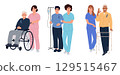 Prostate cancer awareness month. Medical workers accompany patients with warmth and attention, helping them move around in a wheelchair, holding an IV, or supporting them while walking with a walker. 129515467