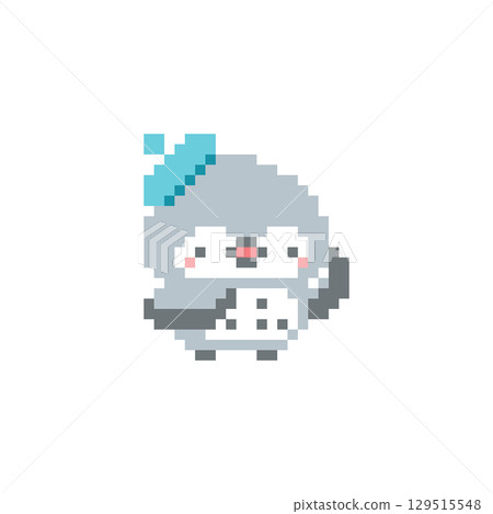 Pixel art of an owl with a light blue beret and a raised hand 129515548