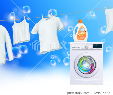 Clean washed laundry hanging on clothesline 129515586