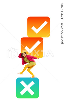 Bold colorful poster of creative balance between correct and incorrect choices in vibrant design 129515708