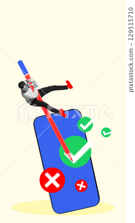 Creative collage of man climbing pencil over smartphone screen with checkmarks and crosses Creative collage of man climbing pencil over smartphone screen with checkmarks and crosses 129515710