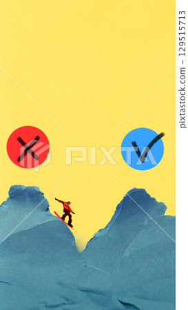 Bold colorful poster of snowboarder between wrong and correct choice 129515713