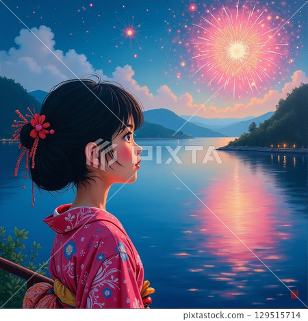 Illustration style: Fireworks over the Uji River in Kyoto in the past 129515714