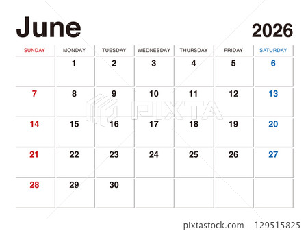 2026 年 6 月曆從星期日開始 2026 年 6 月曆從星期日開始 129515825