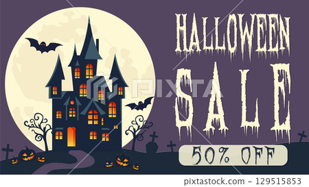 Halloween spooky sale banner with haunted house. 129515853