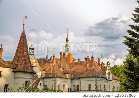 Historic palace of Counts Schonborn with terracotta roofs and towers. 129515866