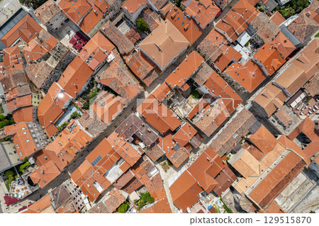 Aerial view of Porec old town rooftops, Croatia. 129515870