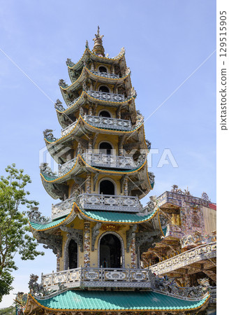 Lihn Tap Bell Tower of Lihn Phuoc Pagoda decorated with mosaics, built in 1952 in Trai Mat, Vietnam 129515905