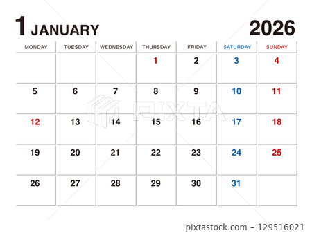 January 2026 calendar starts on Monday 129516021