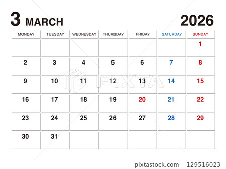 2026 年 3 月曆從星期一開始 129516023