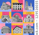 Collage of landmarks of Florence, Italy. Basilica of Santa Maria del Fiore or Basilica of Saint Mary of the Flower in Florence, Italy. Art design 129516035