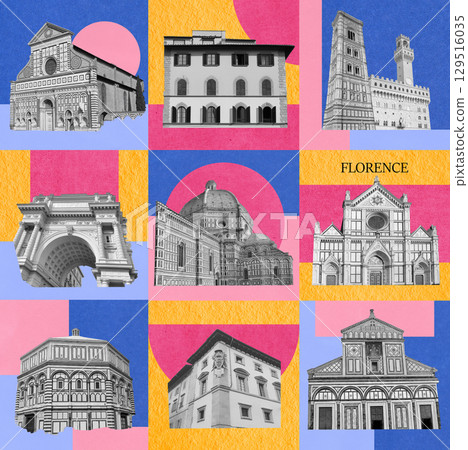Collage of landmarks of Florence, Italy. Basilica of Santa Maria del Fiore or Basilica of Saint Mary of the Flower in Florence, Italy. Art design 129516035