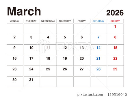 2026 年 3 月曆從星期一開始，無日本假期 129516040